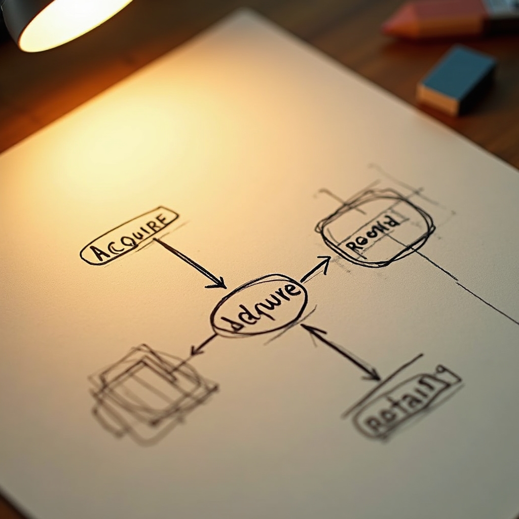 Two-path decision diagram sketched on paper with warm amber desk lamp lighting