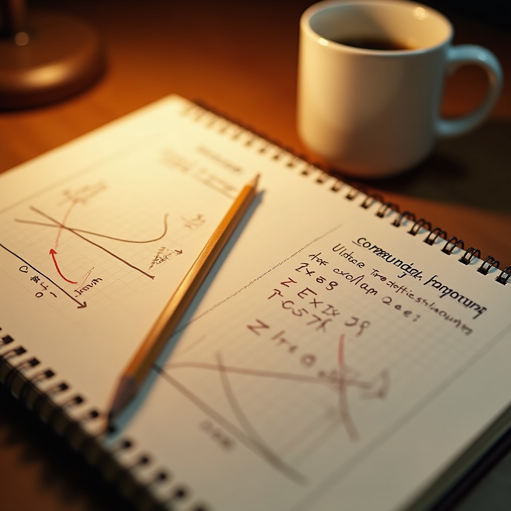 Mathematical notebook showing compound churn calculations with warm coffee-stained edges