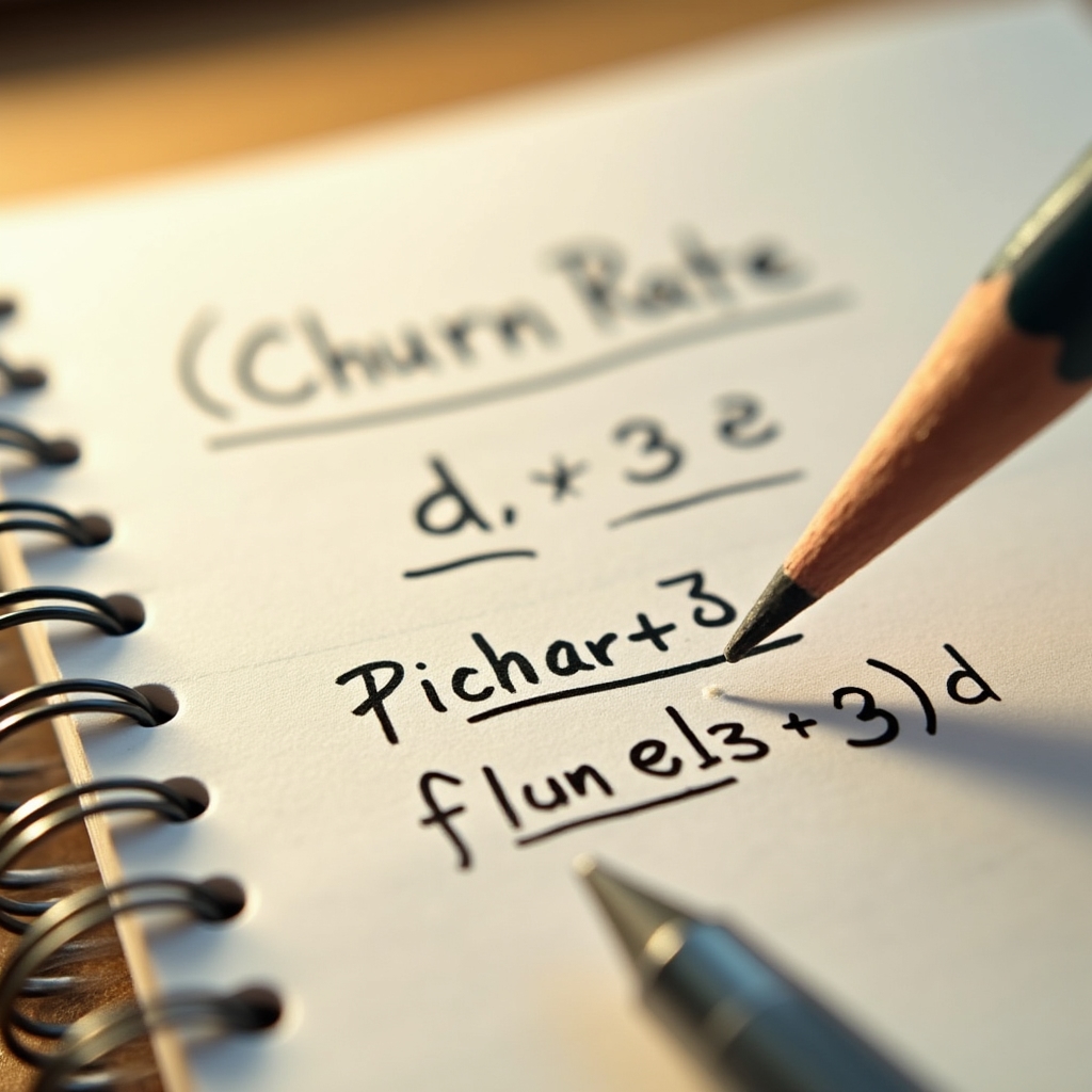 Close-up of handwritten churn rate formula in a spiral notebook with pencil marks