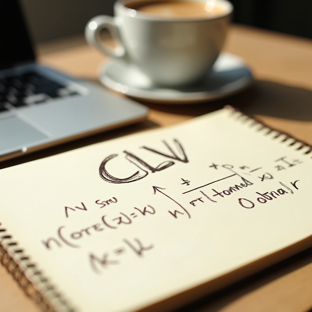 Hand-written CLV formula on a cream notepad beside a warm cup of coffee