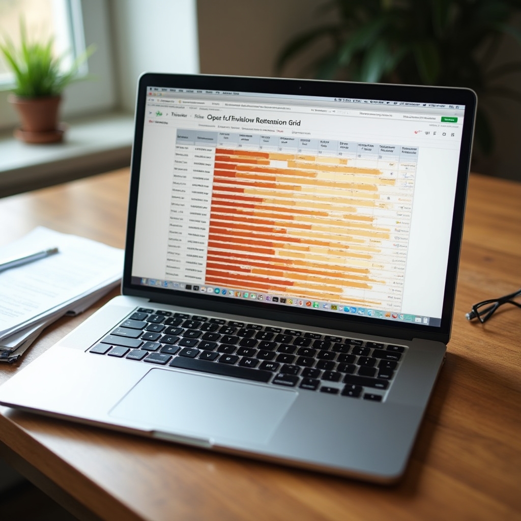 Colorful cohort retention grid in a spreadsheet on a vintage wooden desk