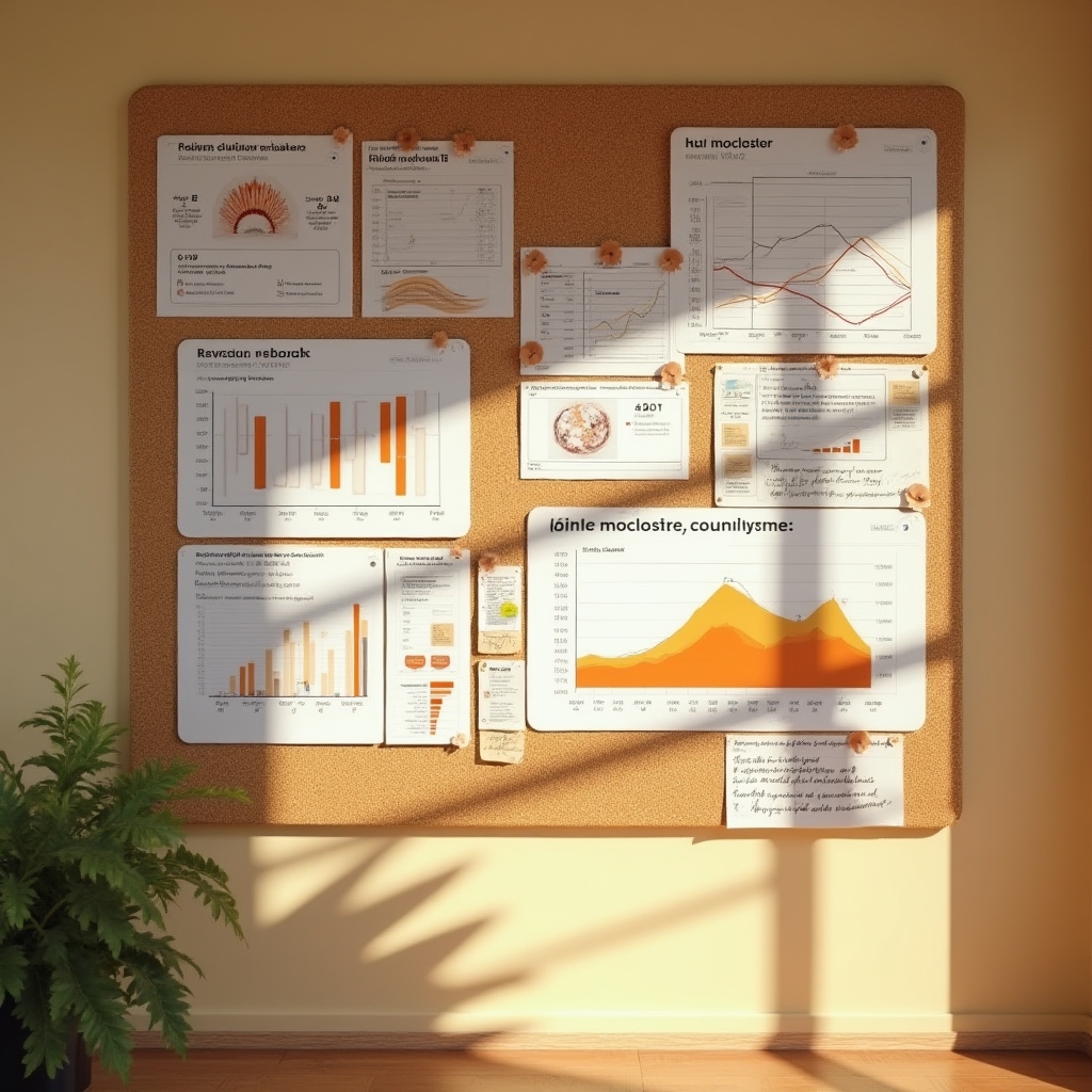 Wide-angle view of a retention metrics dashboard printed and pinned to a corkboard