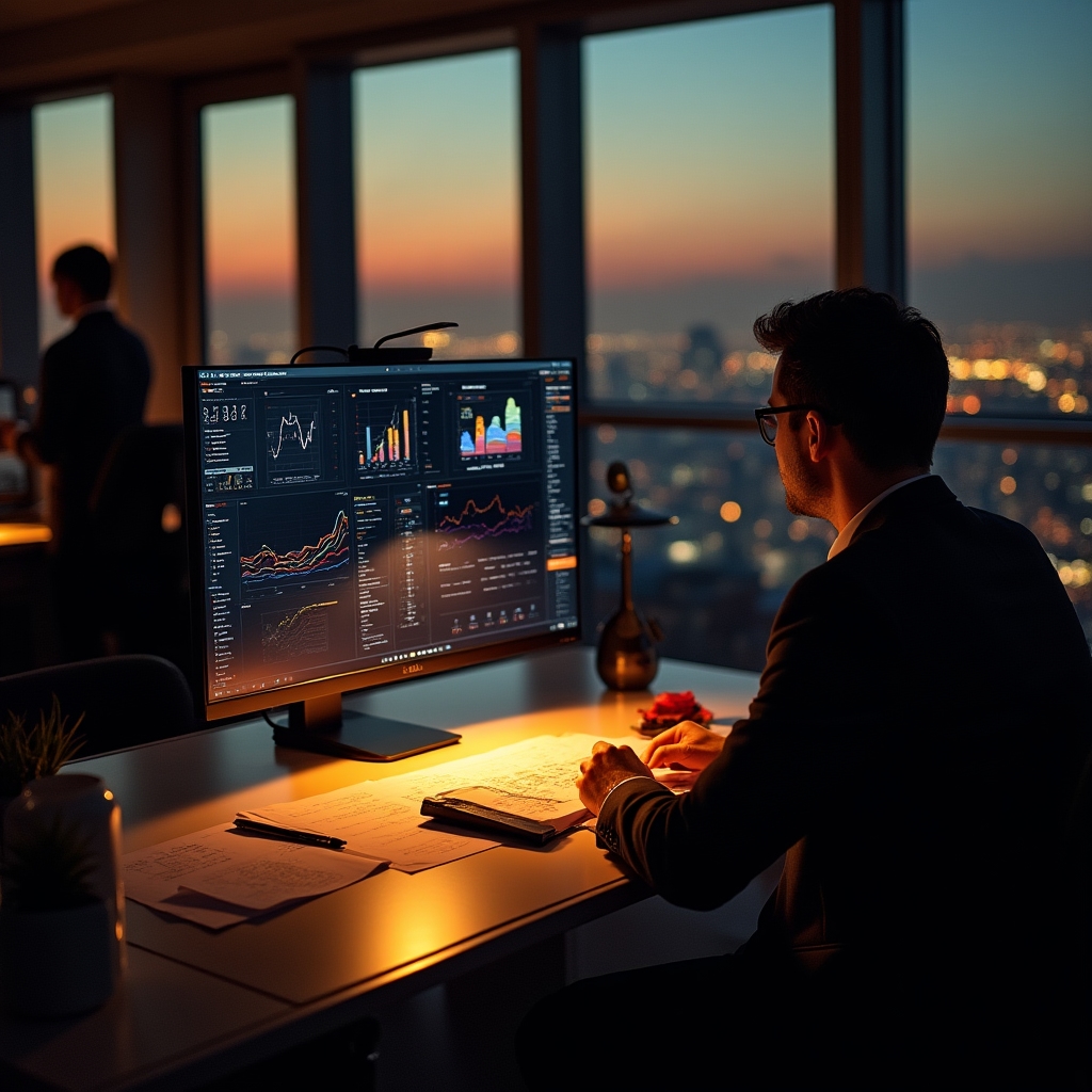 Subscription retention data visualized on a warm-lit desk workspace
