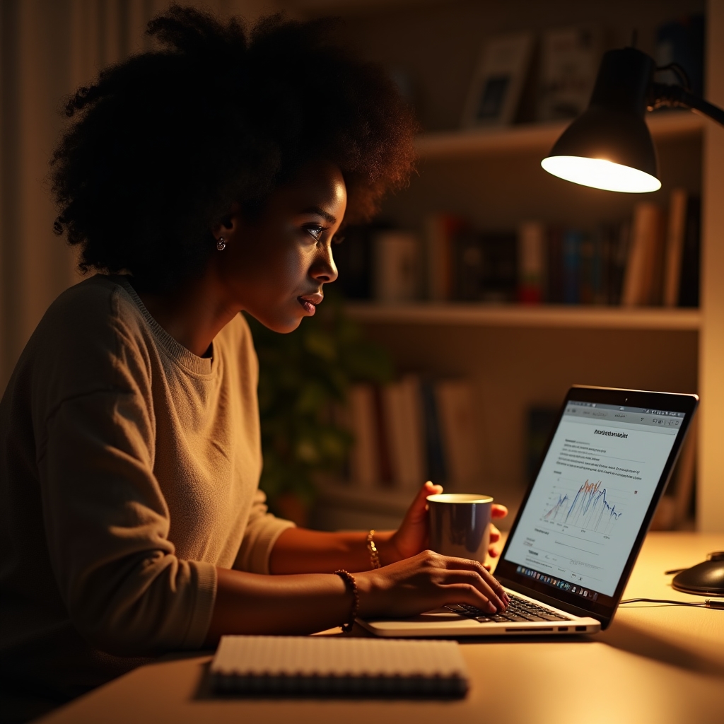 Solo founder at a warm-lit desk reviewing subscription metrics on a laptop screen late evening