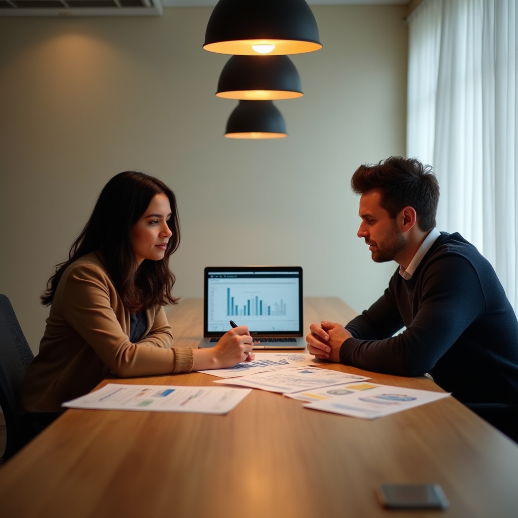Small business team reviewing subscription data together at a warm-lit conference table