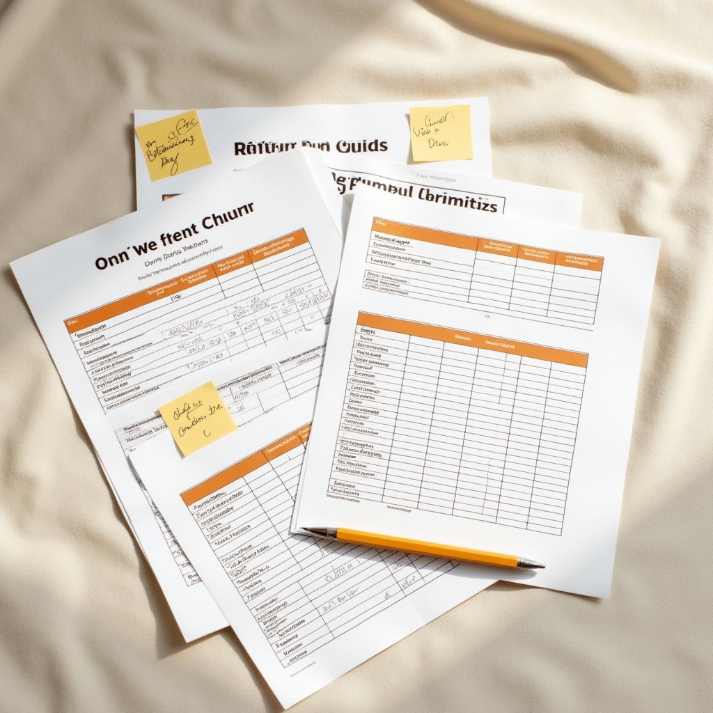 Printed retention template sheets fanned out on a cream desk with a warm vintage feel